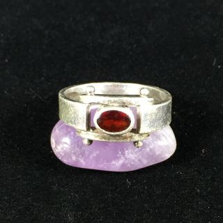 Vintage Art Deco Sterling Silver Ring Red Stone Sz 5.  5 Modernist Buckle Open 925