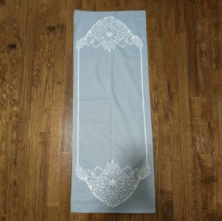 Vtg Embroidered Dresser Scarf Table Runner Blue Grey Cotton White Candlewicking