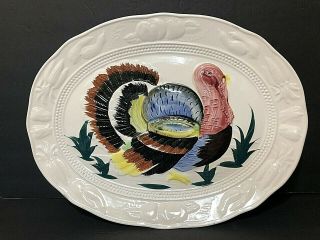 Vtg.  Thanksgiving Large Turkey Hand Painted Oval Platter Made In Japan 19 " X14.  5 "