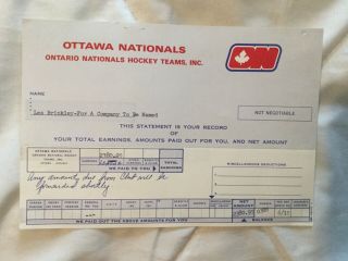 Wha Ottawa Nationals Les Binkley Pay Stub 1972 - 73 Season