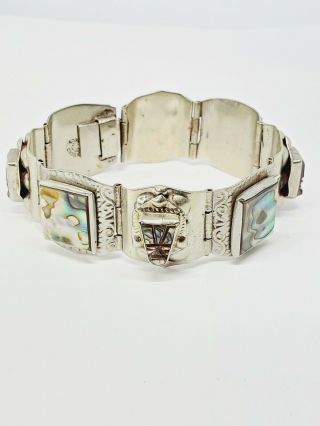Vintage Taxco Mexico Sterling Silver 925 Aztec Warrior Carved Abalone Bracelet