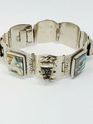 Vintage Taxco Mexico Sterling Silver 925 Aztec Warrior Carved Abalone Bracelet 2