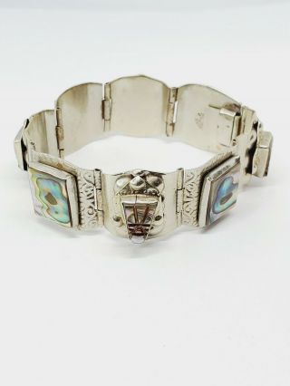 Vintage Taxco Mexico Sterling Silver 925 Aztec Warrior Carved Abalone Bracelet 3
