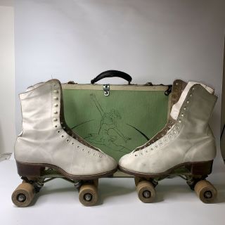 Womans Chicago Roller Skate Co Ware Bros Wooden Wheels Size 6 1/2 Vintage W Case