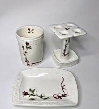 3 Vintage Pink Rose Ceramic Bathroom Vanity Set Soap Dish Toothbrush Holder Cup
