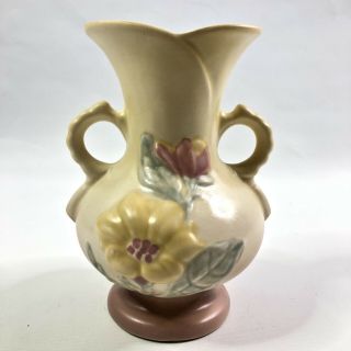 Vintage Hull Art Floral Vase Double Handle Magnolia Pink Green Yellow 6 3/4 "