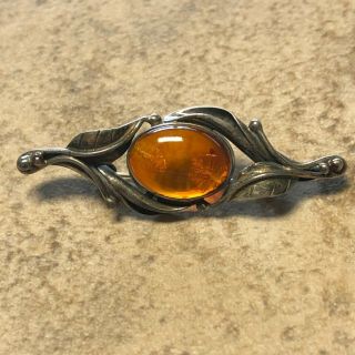 Handcrafted Vintage Sterling Silver Amber Brooch / Pin With Leaf Detail