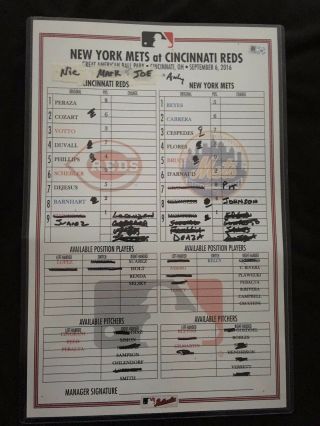 York Mets Cincinnati Reds Game Lineup Card 9/6/16