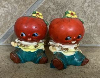Vintage Anthropomorphic Tomato Head People Salt Pepper Shaker Set Japan