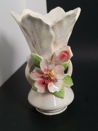 Vintage Gorgeous Norcrest Iredesent Vase With Applied Cherry Blossoms
