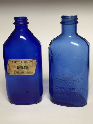 2 Vintage Cobalt Blue Medicine Bottles Pettit & Welch Rhubarb & Milk Of Magnesia