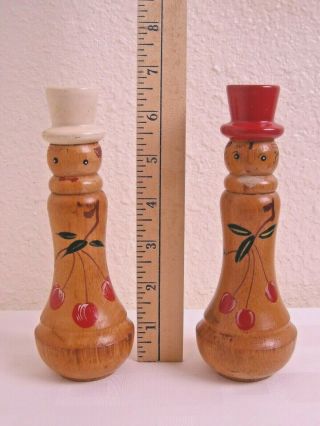 Vintage Red White Wooden Men With Hats & Cherries Salt & Pepper Shakers Japan 7 "