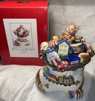 Vintage Fitz And Floyd Toyland Christmas Cookie Jar Holiday Toys Santa W/ Box