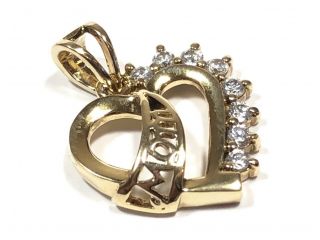 Vintage Ladies Sterling Silver Gold Vermeil ‘mom’ Cz Heart Necklace Pendant - Jt