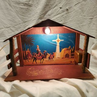 Vintage Nativity Wood Stable Creche Mid Century Japan Christmas Music Light