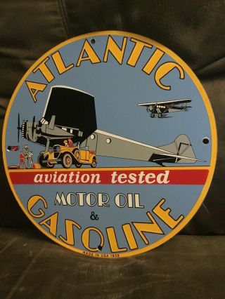 Vintage Metal Porcelain Atlantic Gasoline Pump Plate Sign 12”