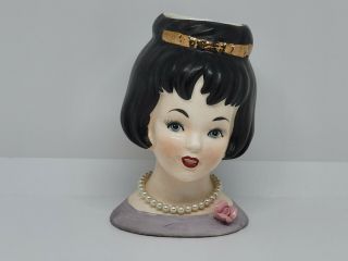 Vintage 1963 Inarco Lady Head Vase Pearls Gold Tiara Pink Flower Japan