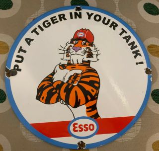 Vintage Esso Porcelain Sign Gas Oil Pump Plate Put Tiger In Your Tank Petrol