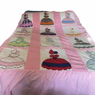 Sunbonnet Vintage Handmade Quilt Bedspread Girl Bonnet Patchwork Pink 94” X 108”