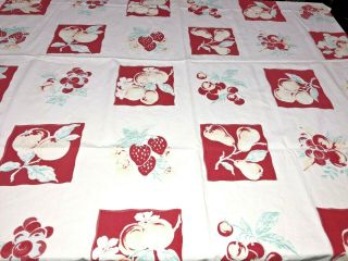 Cute Vtg Cotton Print Tablecloth Fruit Strawberries Pears Apples Turquoise Mcm