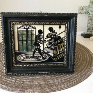 Vtg Reverse Painted Silhouette Picture Man/woman Stairs Gold Black Cream Framed