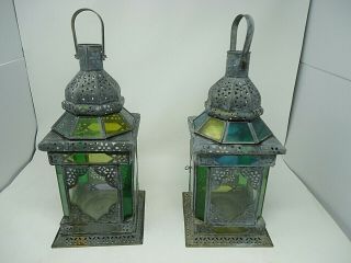 Two 16 " Vintage Hanging Candle Holder Lantern Chandelier With Stained Glass