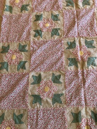 Vintage Cotton Hand Stitched Quilt Top Floral Applique Pink And Green 72” X 86”