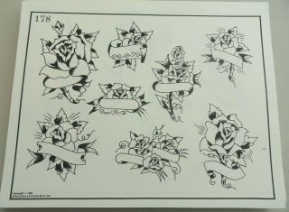 Vintage 1983 Spaulding & Rogers Tattoo Flash Sheet 178 Roses Name Ribbons