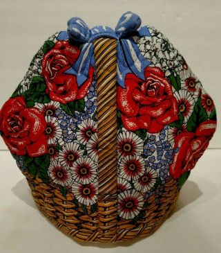 Vtg Handmade Quilted Teapot Cozy Flowers In A Wicker Basket Pw/bow 8 " Diameter