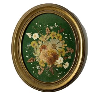 Vintage Pressed Flowers Framed Art Glass 10” X 12” Oval
