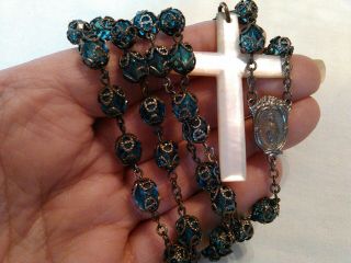 Vintage Religious Catholic Rosary Blue Crystal Glass Beads Mother Of Pearl Cross
