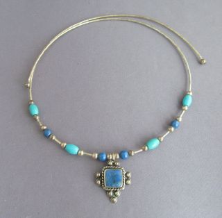 Vintage Old Pawn Sterling Q.  T.  Quoc Turquoise Lapis Inlay Flex Choker Pendant