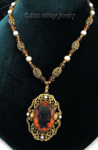 Vintage Art Deco Czech Brass Filigree Amber Glass Crystal Pearl Pendant Necklace