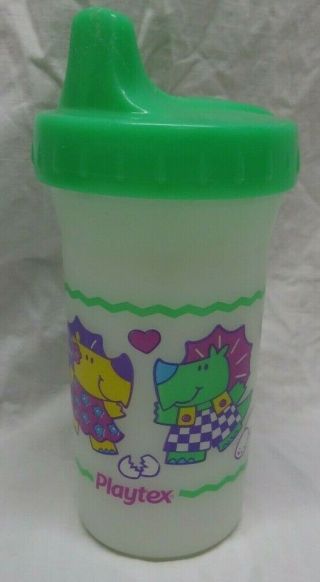Vintage 1999 Playtex Plastic Sippy Cup Dinosaurs Playing Catch Green Lid Retro