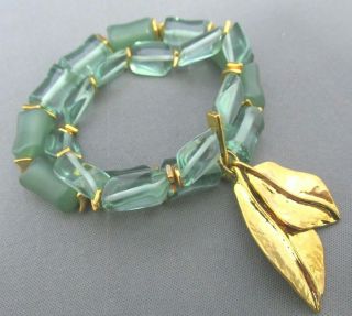 Vintage Rlm Robert Lee Morris Gold Tone Leaf Green Double Band Flex Bracelet