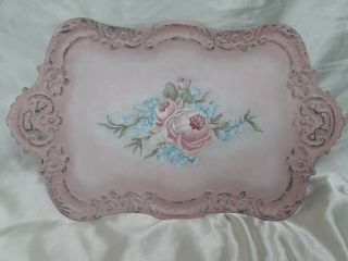 Ooak Vintage Cottage Shabby Chic Metal Vanity Tray Hand Painted Pink Roses