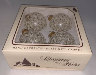 Vintage Box Of 4 Christmas By Krebs Glass Ornaments Gold White Glitter Handmade