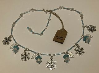 Vintage Art Deco Style Czech Glass Snowflake Blue Flower Christmas Bead Necklace