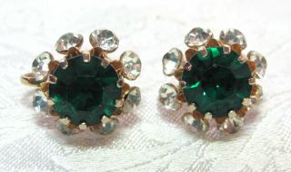 Vintage Large Sparkly Green & Clear Rhinestone Screw Back Earrings Signed Coro