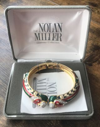 Vtg Nolan Miller Nesting Birds Enamel Crystal Gold Tone Cuff Bracelet W/box