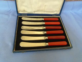 Vintage Cutlery Cased Set Of Silver Plated Butter Knives Rich Red Handles Nickel