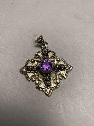 Vintage Purple Stone 900 Silver Jerusalem Cross Pendant Brooch