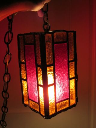 RETRO VINTAGE HANGING SWAG STAINED GLASS LIGHT LAMP - GOTHIC - ARTS &CRAFTS MISSION 3