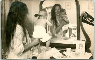 Vintage 1910s Rppc Real Photo Postcard Mother With Baby Girl In Front Of Mirror
