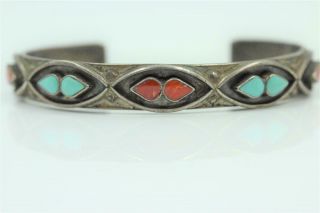 Navajo Old Dead Pawn Vintage Sterling Silver Turquoise & Coral Cuff Bracelet