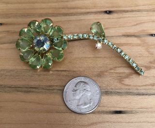 Vtg Large 3.  5” Lime Green Glass & Aurora Borealis Rhinestone Flower Brooch
