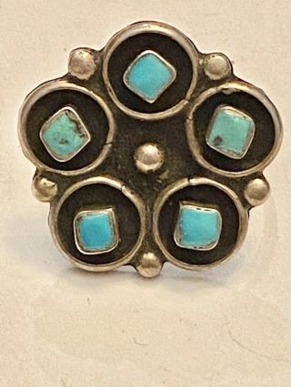 Vintage Zuni Turquoise Sterling Silver Cluster Ring Size 6 Signed J E