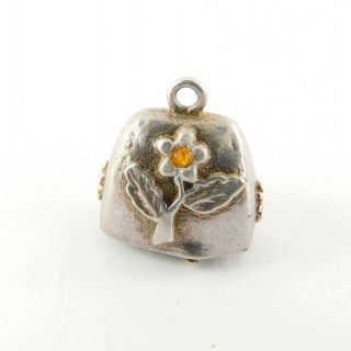Vintage Silver Charm Cow Bell Yellow & Red Glass Gems Set Flowers