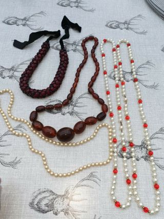 Antique Vintage Costume Jewellery Necklaces Pearls Beads 5 Items