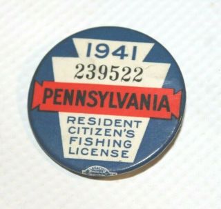 Vintage 1941 Pa Pennsylvania Fishing License Resident Button Pin W/ Paperwork